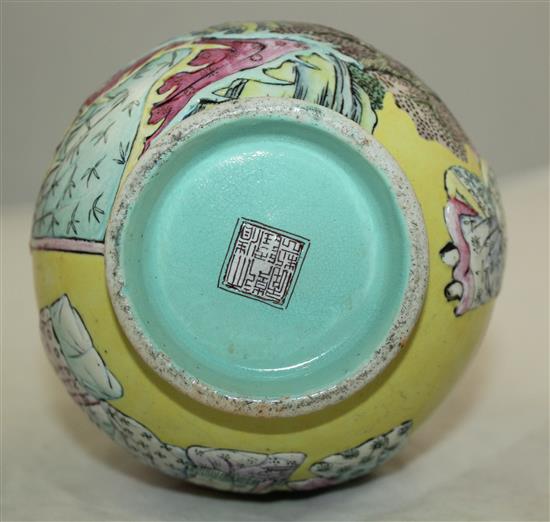 A Chinese moulded and enamelled biscuit porcelain bottle vase, Qianlong seal mark, 19th century, 22.5cm, neck restored